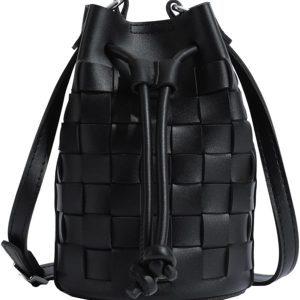 Woven leather drawstring bucket crossbody bag