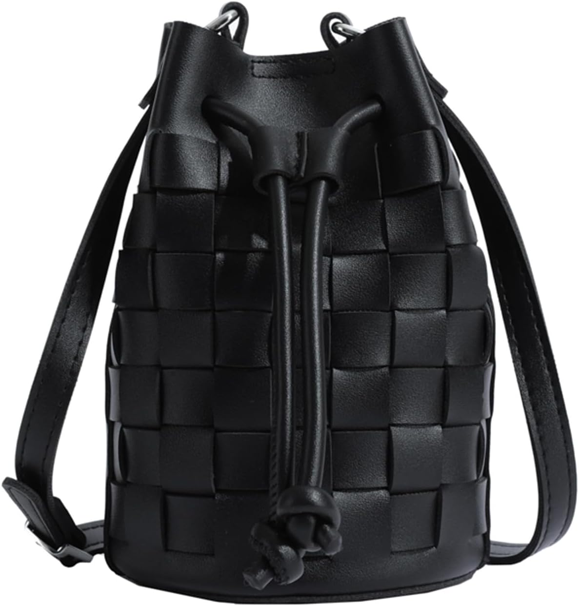 Woven leather drawstring bucket crossbody bag