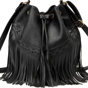 Leather tassel drawstring bucket crossbody bag